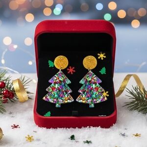 Festive Christmas Tree Earrings Resin Glitter Holiday Fun Statement Jewelry
